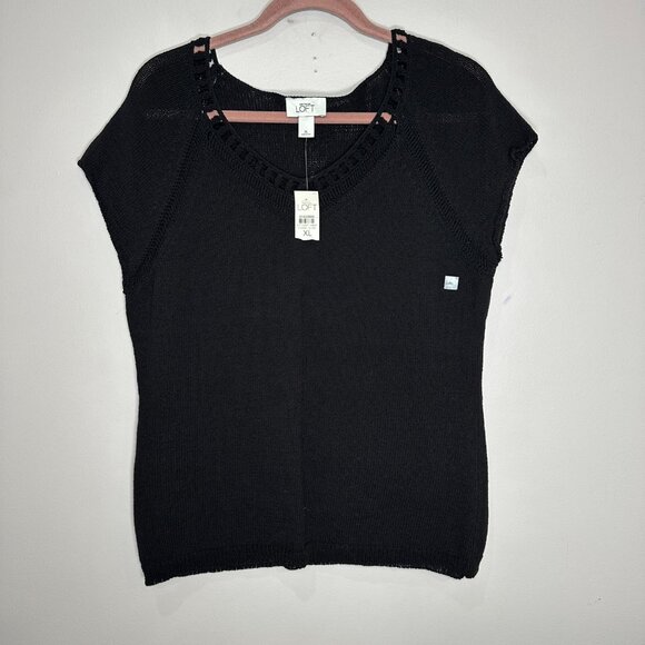 Ann Taylor LOFT Womens Short Sleeve Pullover V Neck Sweater Size XL Black Knit - Picture 1 of 9